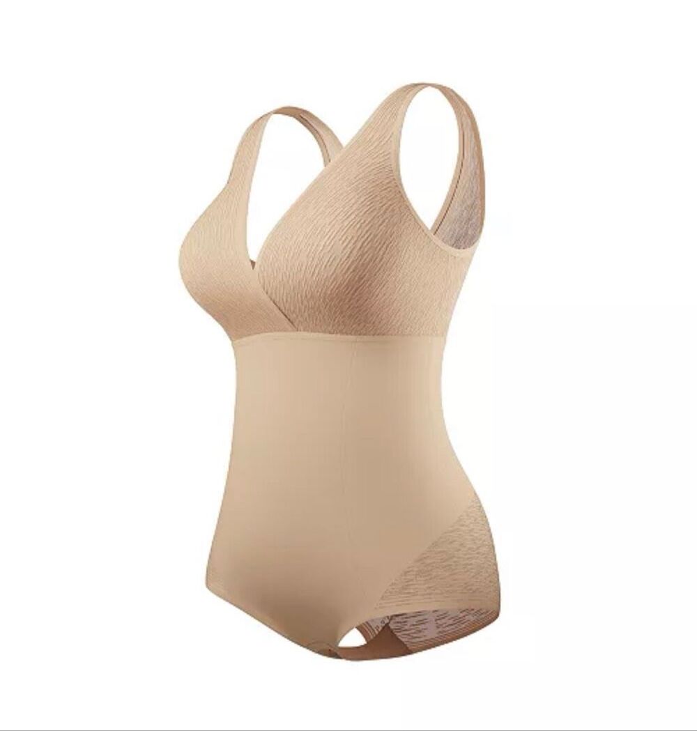 Leonisa Sheer Stripe Detail Sculpting Shaping Bodysuit Golden Beige Large